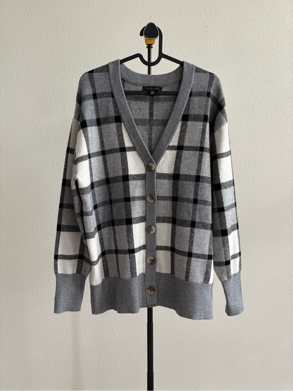 Rachel Zoe Women’s Plaid Cardigan Sweater Size M Gray Black White Button-Up
